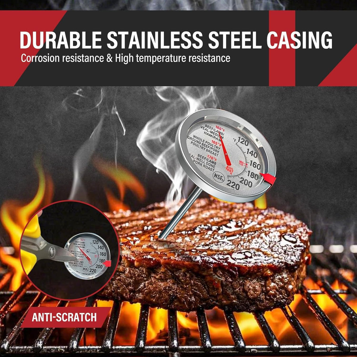 2 Pack Stainless Steel Meat Thermometer, Safe Leave in Oven, 2.5-in Extra-Large Dial Food Thermometer for Cooking, Temperature Probe for Baking, Steak, Turkey - Kitchen Gadgets - Silver