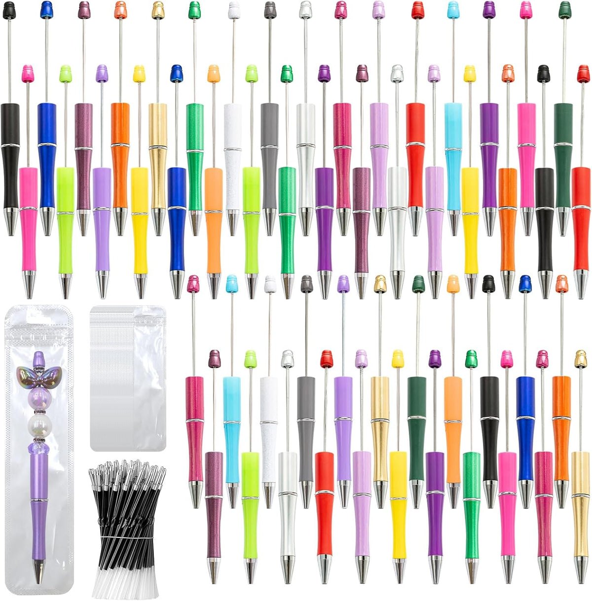 150 Pieces DIY Beadable Pen Kit – 50 Plastic Ballpoint Pens with Refills & Bags, Beads Not Included – School Supplies, Office Accessories & Craft Gifts for Students & Teachers (Multicolor)