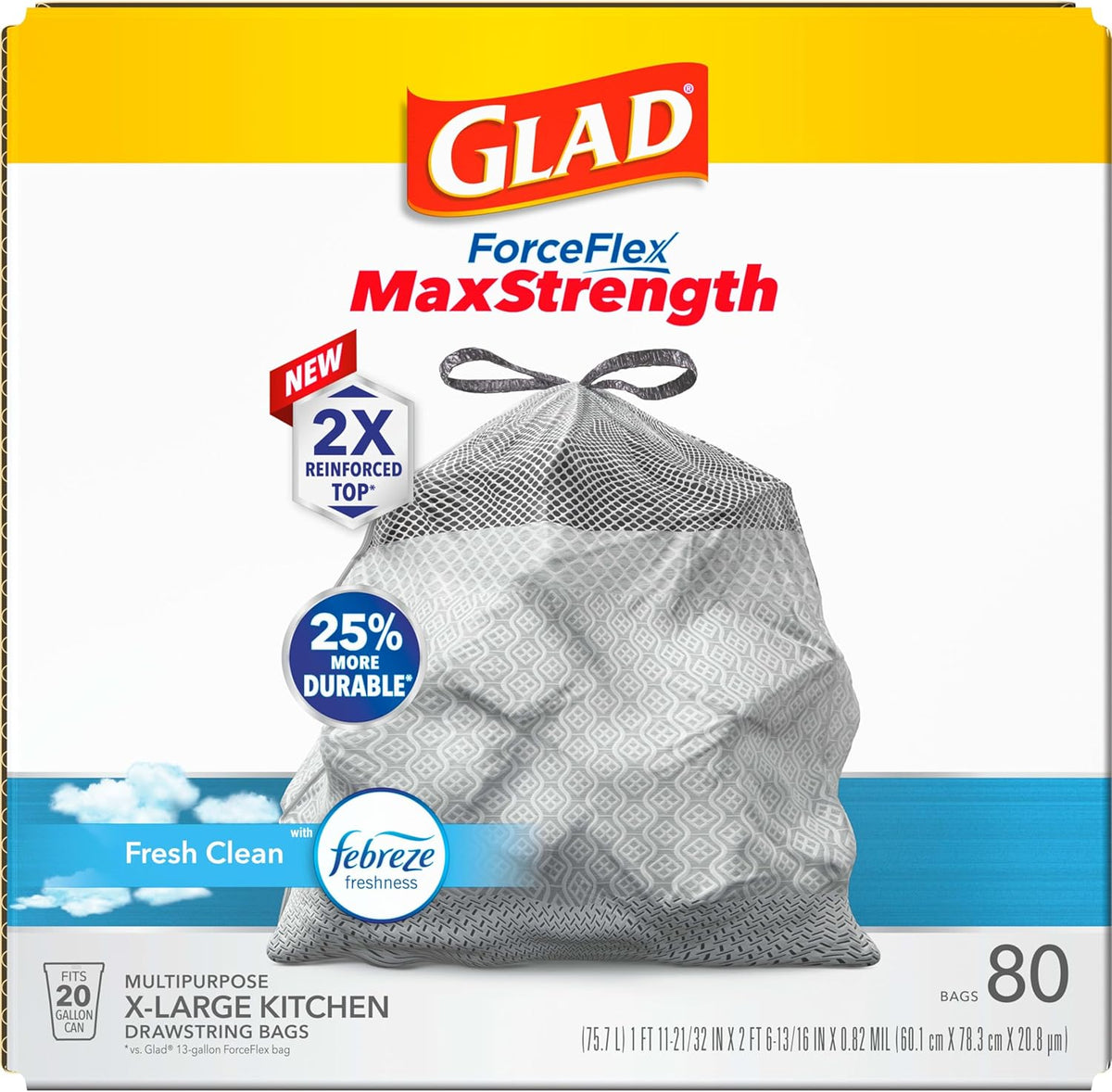 Glad ForceFlex MaxStrength Kitchen Drawstring Trash Bags, 20 Gal, Fresh Clean, 80 Ct, Pack May Vary