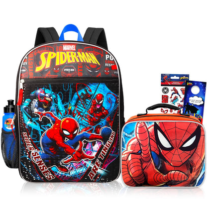 Marvel Spiderman Backpack with Lunch Box Set - Spiderman Backpack for Boys 4-6, Spiderman Lunch Box, Water Bottle, Stickers, More | Spiderman Backpack for Kids