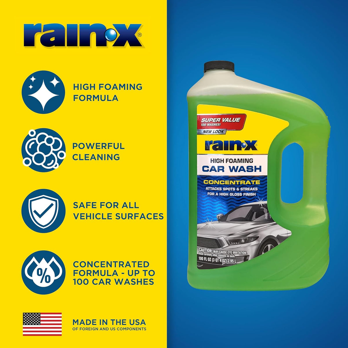 Rain-X 620191 Foaming Car Wash - 100 fl oz. High-Foaming, Concentrated Formula for Greater Cleaning Action, Safely Lifting Dirt, Grime and Residues for an Exceptional Clean