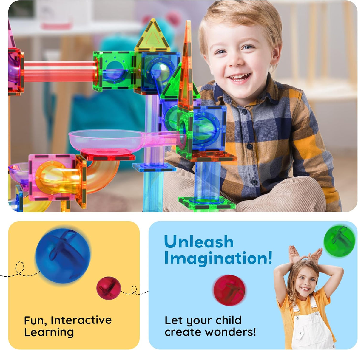 PicassoTiles 50pcs Magnetic Tiles Marble Run for Kids Race Track Toy Marble Maze Sensory Toys for Toddlers STEM Educational Set Magnet Building Blocks Construction Building Tiles Boys Girls 3+ PTG50