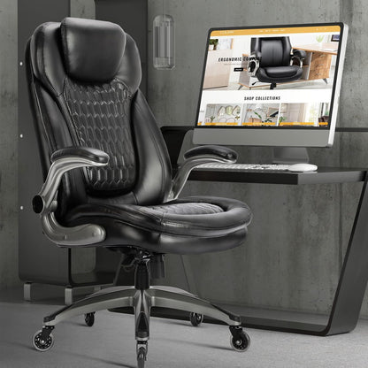 Executive Office Chair-Ergonomic Computer Desk Chair, High Back Leather Chair with Padded Flip-up Arms, Swivel Home Office Chair Upgraded Caster-Black