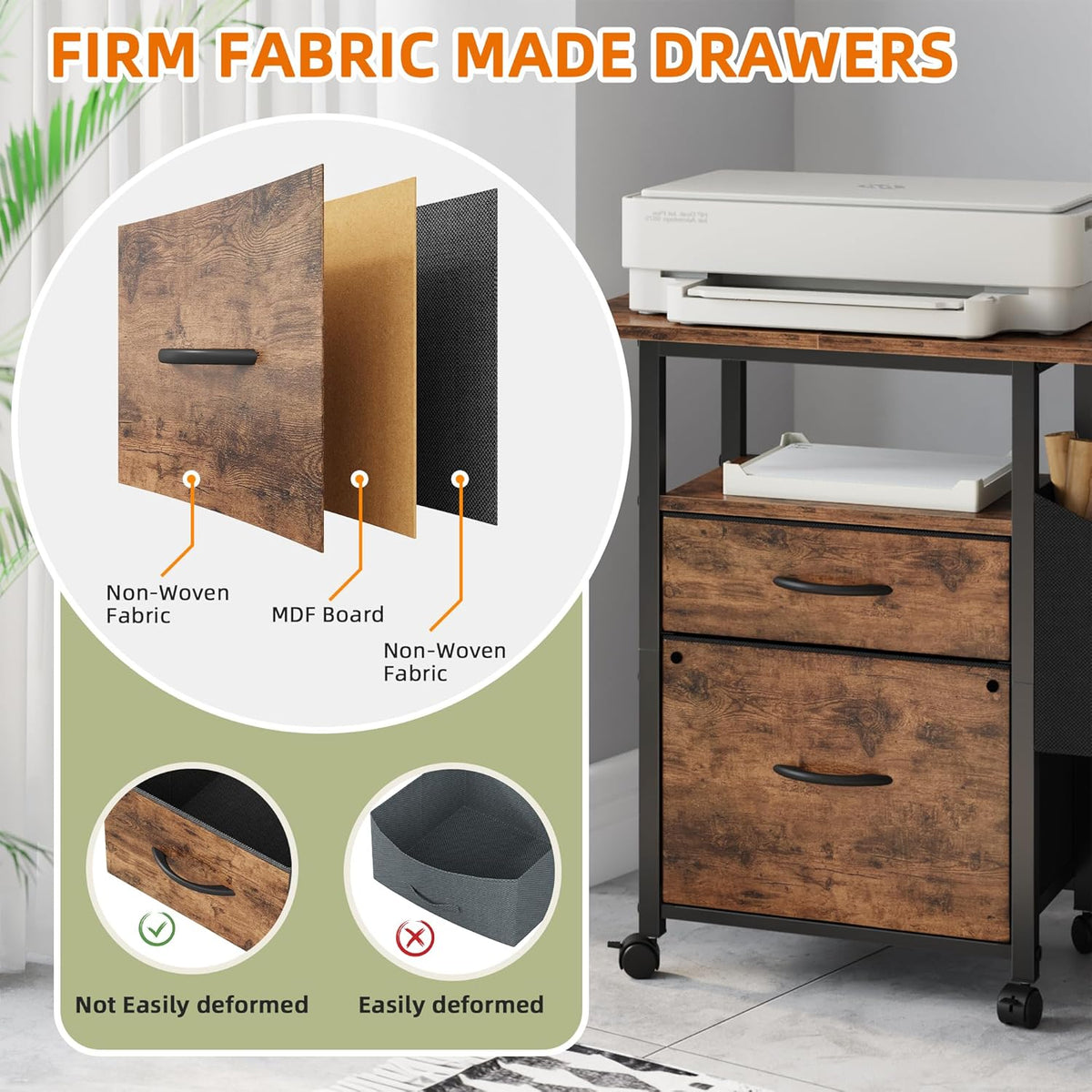 GYIIYUO 2 Drawer File Cabinet with 24'' Extended Desktop, Mobile Filing Cabinet, Rolling File Cabinet with Side Bag, Fabric Drawer, Fits A4/Letter Size, Printer Stand Home Office, Light Brown