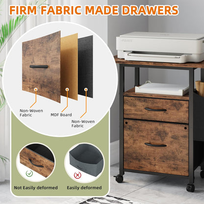 GYIIYUO 2 Drawer File Cabinet with 24'' Extended Desktop, Mobile Filing Cabinet, Rolling File Cabinet with Side Bag, Fabric Drawer, Fits A4/Letter Size, Printer Stand Home Office, Light Brown