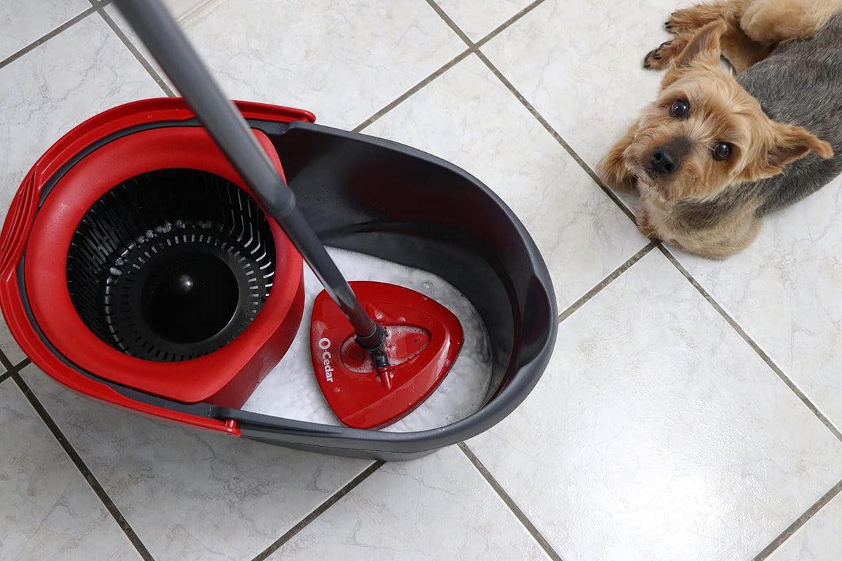 O-Cedar EasyWring Microfiber Spin Mop, Bucket Floor Cleaning System, Red, Gray, Standard - Rayz Mart