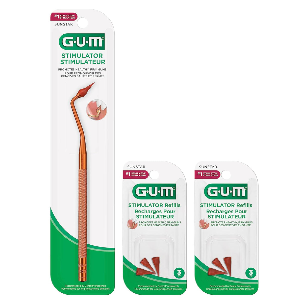 GUM Stimulator Permanent Handle - Long Handled Massager Remove Plaque & Promote Health (Handle + 2 Refill Packs)