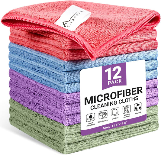 Microfiber Cleaning Cloth, 12 Pack Assorted Color Cleaning Rags for Housekeeping, Colorful Reusable Microfiber Towels for Car, Kitchen, Bathroom and Household Cleaning Supplies, 11.8"X11.8"