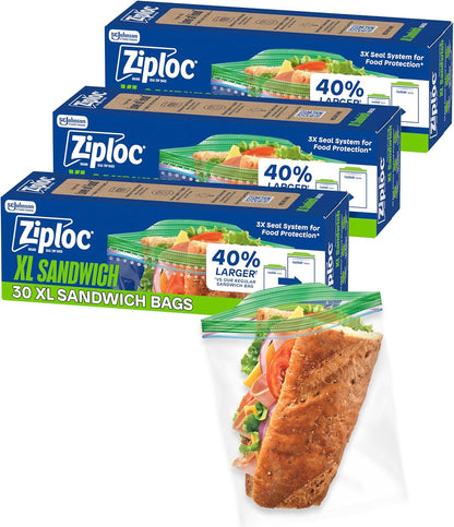 Ziploc XL Sandwich and Snack Bags with EasyGuide Texture, Plastic Storage Bags with Grip 'n Seal Technology, 90 Bags Total