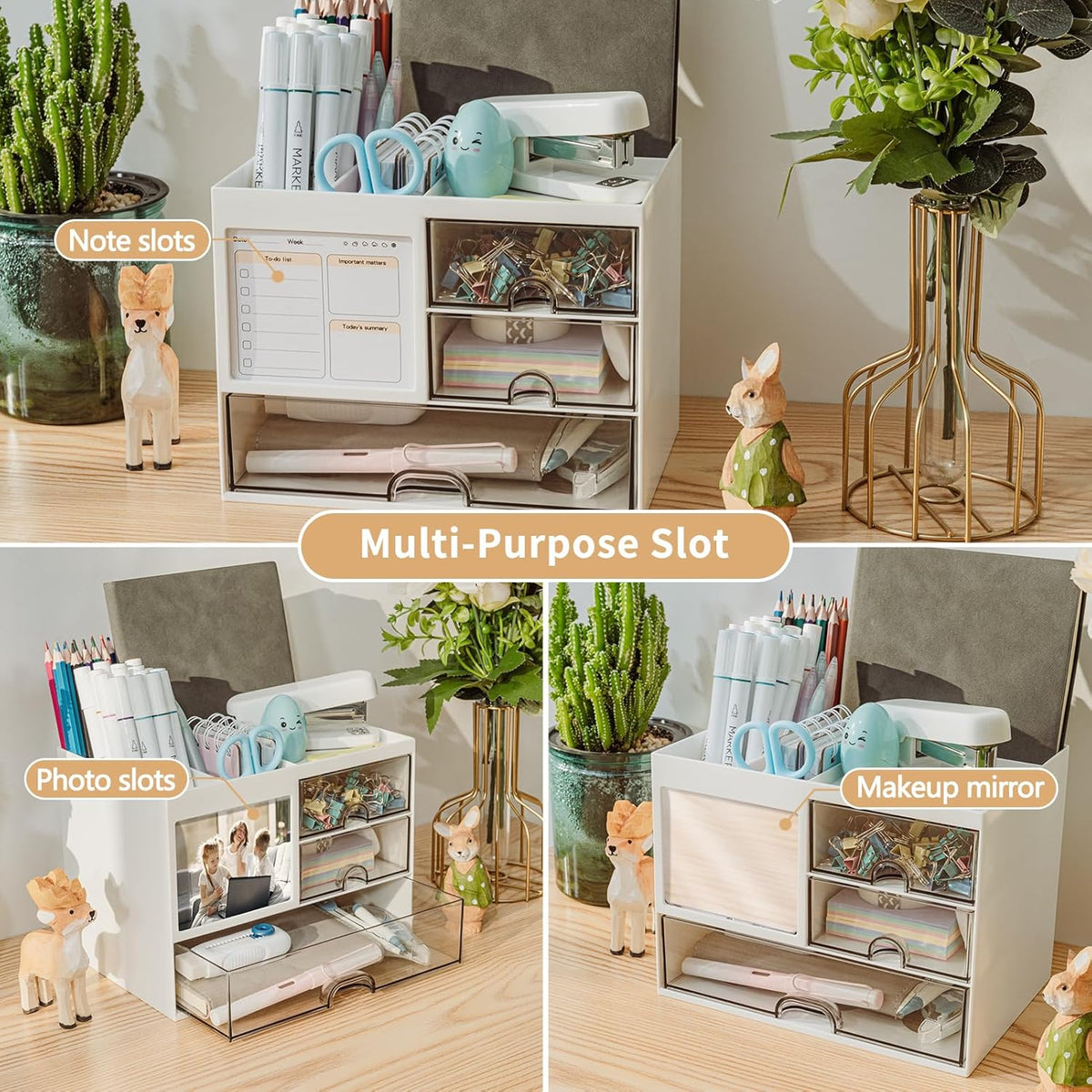 Desk Organizer with 3 Drawer, Multi-Functional Pencil Pen Holder for Desk, Desk Organizers and Storage with 8 Compartments, Desktop Organizer for Office Home Art Supplies (White)