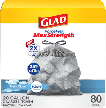 Glad ForceFlex MaxStrength Kitchen Drawstring Trash Bags, 20 Gal, Fresh Clean, 80 Ct, Pack May Vary