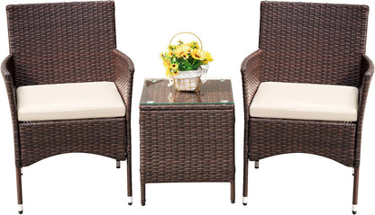Devoko Patio Porch Furniture Sets 3 Pieces PE Rattan Wicker Chairs with Table Outdoor Garden Furniture Sets (Brown/Beige)