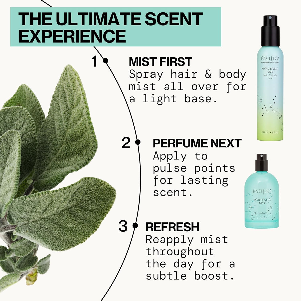 Pacifica Hair Mist Perfume & Full Body Spray for Women - Montana Sky Body Mist Fragrance w/Cedarwood, Elderflower, Black Pepper, Sage & Sandalwood Clean Beauty Alcohol-Free, Vegan & Cruelty-Free 5 oz - Cart Shape
