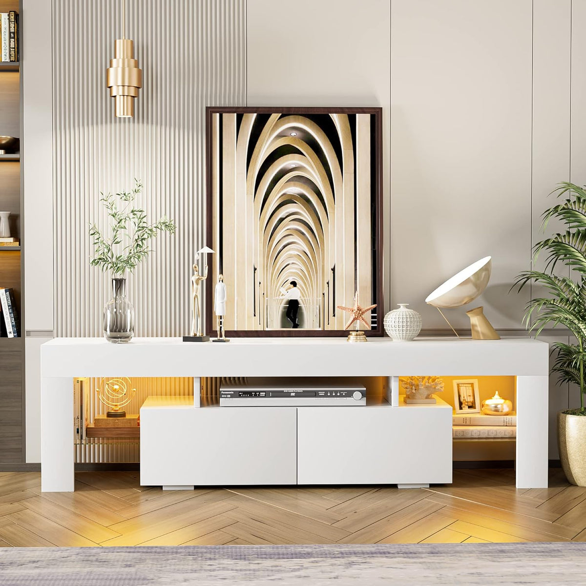 JUMMICO TV Stand with LED Lights, Modern Entertainment Center Media and Open Shelf Console Table Storage Desk with 1 Drawer and Remote Control 20 Color LED Lights up to 70 Inch TV (White)