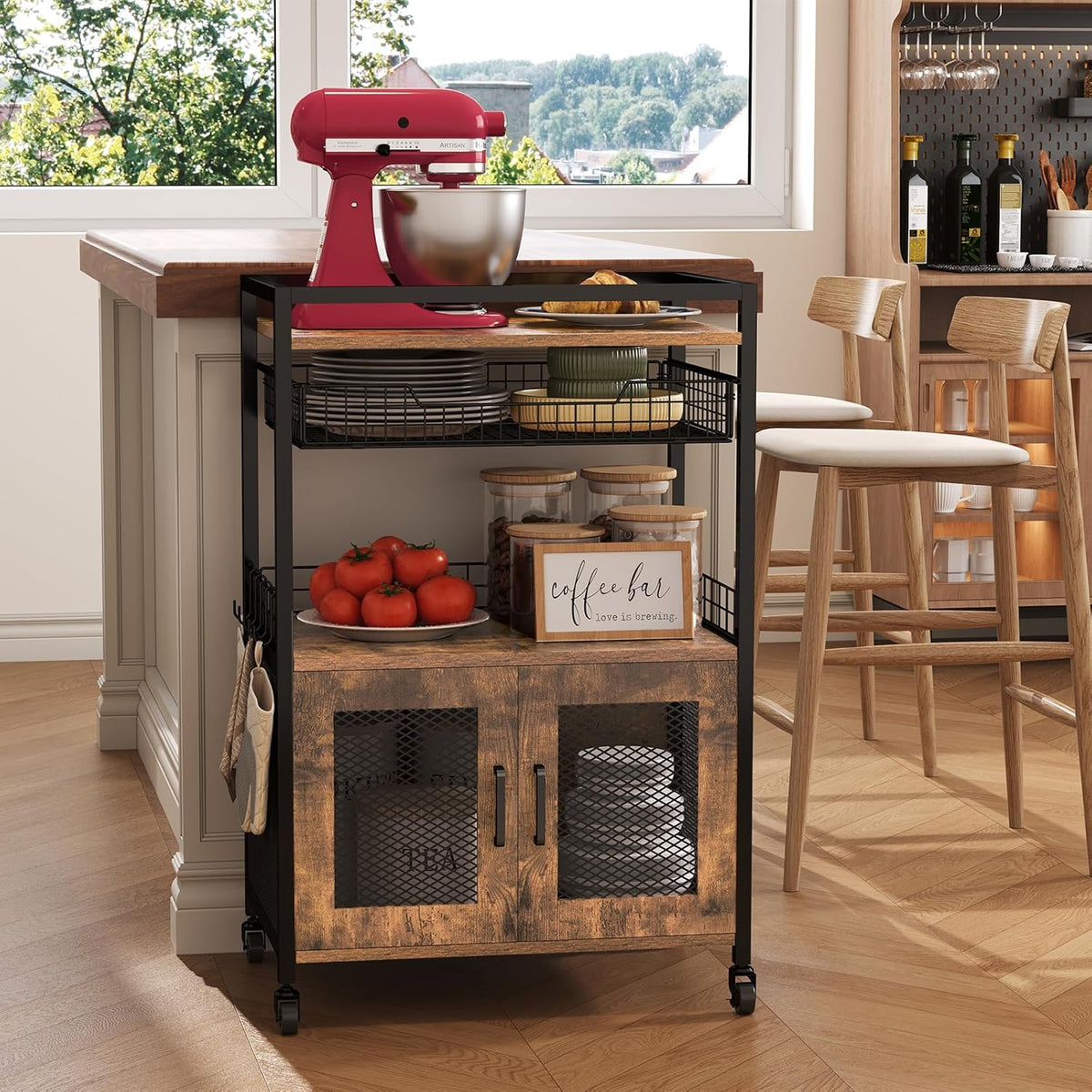 Coffee Bar Cabinet, 3 Tier Coffee Station Table on Wheels, 35.9" H Bar Cart with Wire Basket Drawer & 5 Hooks for Home Kitchen, Liquor Buffet Sideboard Cabinet (Rustic Brown)
