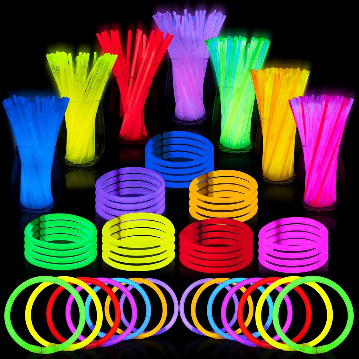 JOYIN 100 Pcs 8" Glow sticks Bulk Party Favors Pack, Neon Glow in the Dark Party Supplies, Light Up Necklaces and Bracelets with Connectors, Easter, Football, Birthday Decorations
