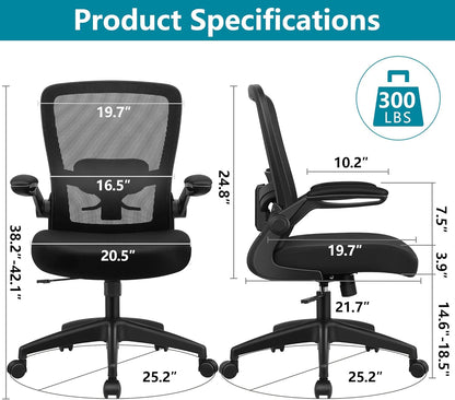 FelixKing Office Chair, Ergonomic Desk Chair Breathable Mesh Chairs Adjustable High Back Lumbar Support Flip-up Armrests, Executive Rolling Swivel Comfy Computer Chairs Home Office Black