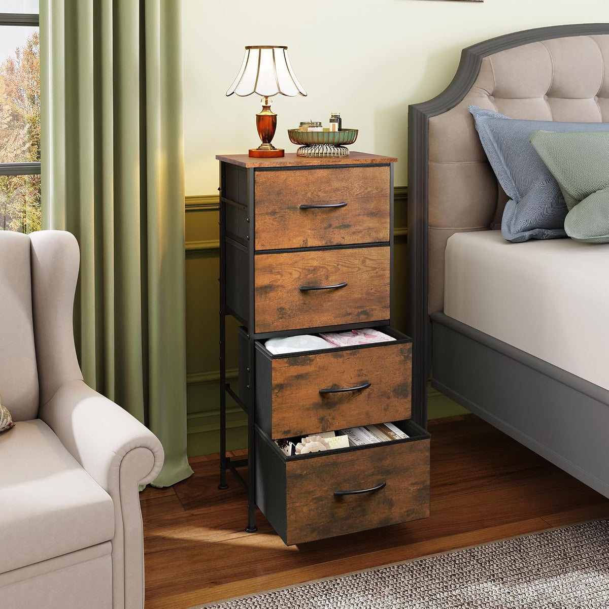WLIVE Dresser with 4 Drawers, Fabric Storage Tower, Organizer Unit for Bedroom, Hallway, Entryway, Closets, Sturdy Steel Frame, Wood Top, Easy Pull Handle, Rustic Brown Wood Grain Print