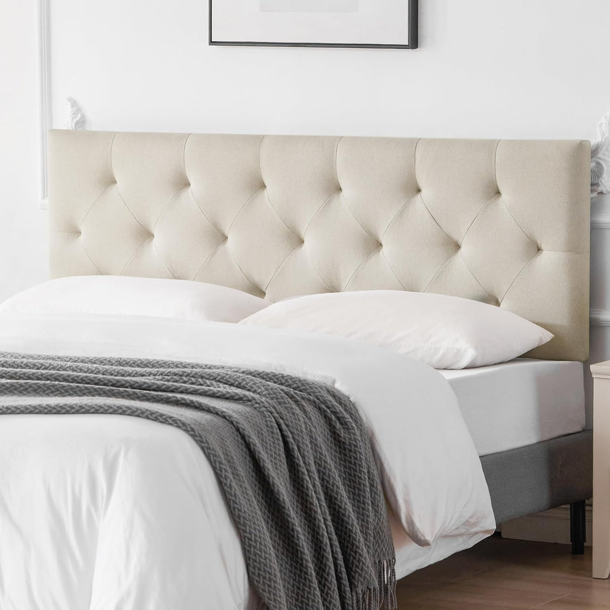 Linen Fabric Upholstered Headboard Queen Size, Modern Diamond Tufting Solid Wood Queen Headboard Only, Adjustable Height from 37” to 51” Head Board, Bed Frame or Wall Mount Headboards, Beige