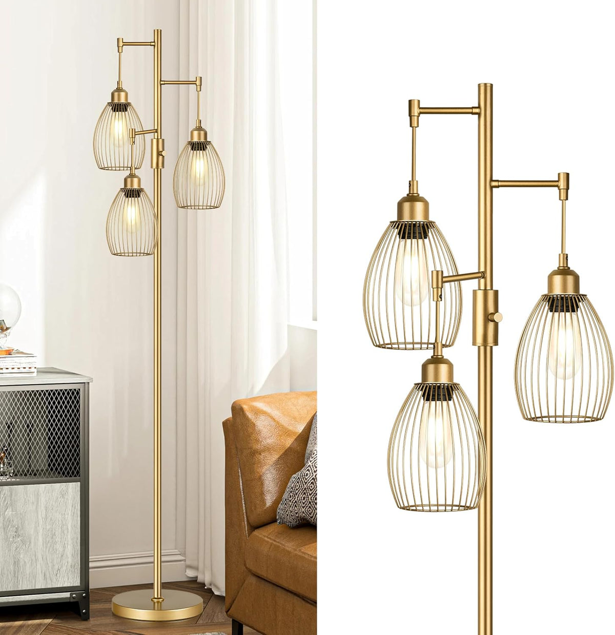 Dimmable Floor Lamp, Industrial Floor Lamps for Living Room, Gold Tree Lamp Standing Lamp Tall Lamps with 3 Elegant Teardrop Cage Head & 800 Lumens LED Bulbs for Living Room Bedroom Office