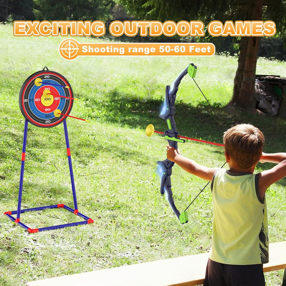 2 Pack Kids Bow and Arrow Set with LED Flash Lights, 14 Suction Cup Arrows and Fluorescence Standing Target-Perfect Indoor and Outdoor Game Archery Set Toy Gift for 4 5 6 7 8-12 Year Old Boys