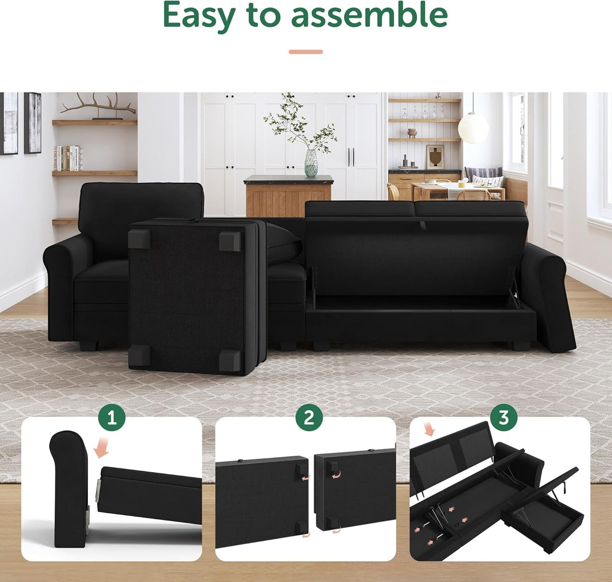 HONBAY Sectional Sofa with Storage Seat Velvet U Shaped Couch with Reversible Chaise Convertible Sectional Couches for Living Room,Black Velvet