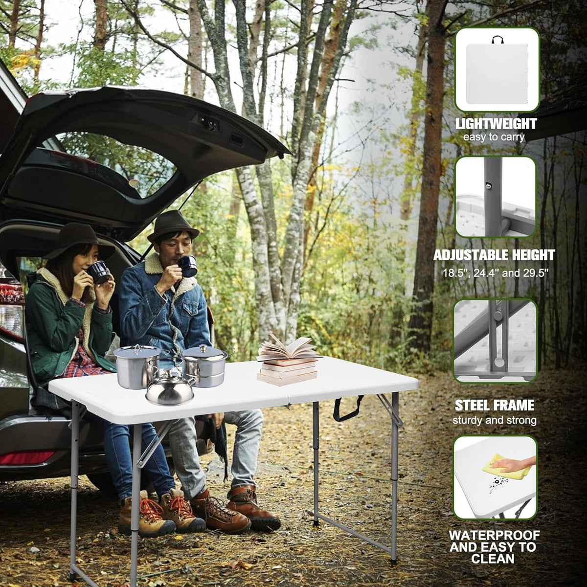 Folding Table 4 Foot Portable Heavy Duty Plastic Fold-in-Half Utility Table Small Indoor Outdoor Adjustable Height Folding with Carrying Handle, Camping and Party,White
