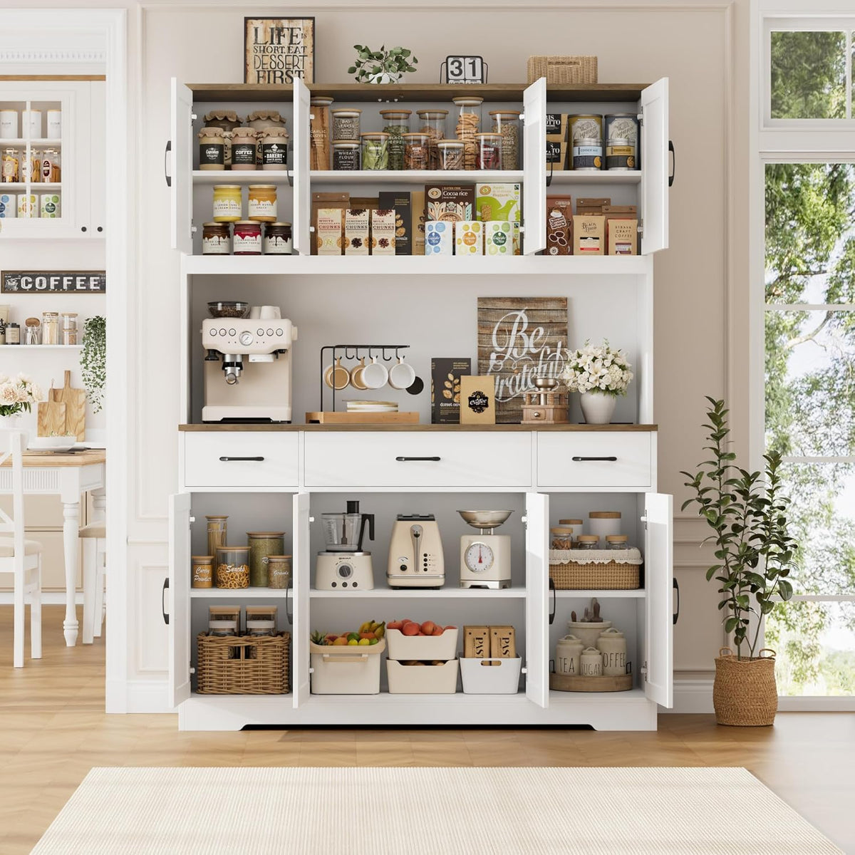 HOSTACK 71" Tall Kitchen Pantry Storage Cabinet with Charging Station, 55" Wide Kitchen Hutch Cabinet with Large Countertop, Farmhouse Food Pantry with Drawers for Living Room, White
