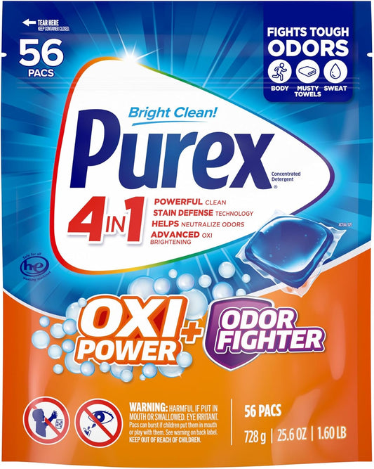 Purex 4-in-1 Oxi Power + Odor Fighter Laundry Detergent Pacs, Fresh Morning Burst, 56 Count