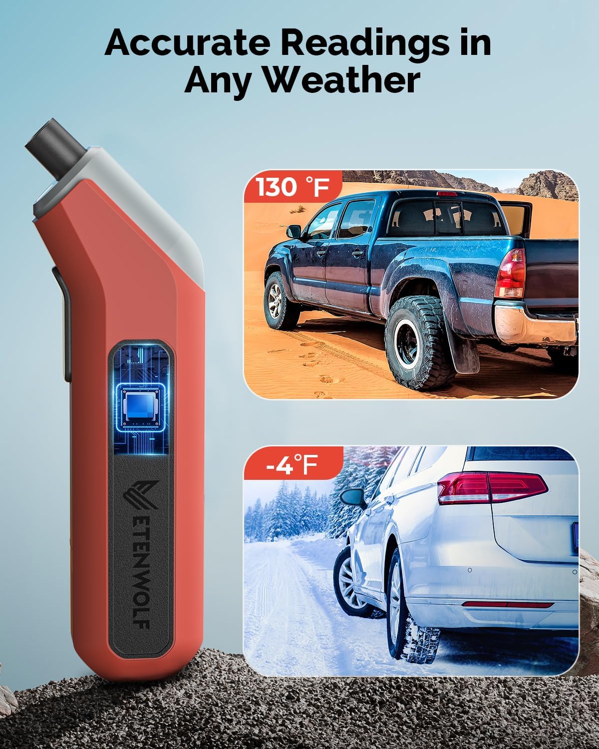 ETENWOLF T300 Digital Tire Pressure Gauge 3-200 PSI, Industrial Tire Gauge Calibrated to ANSI B40.7 Grade 2A(Plus-Minus 0.5%), Replaceable AAA Batteries (Vivid Orange)