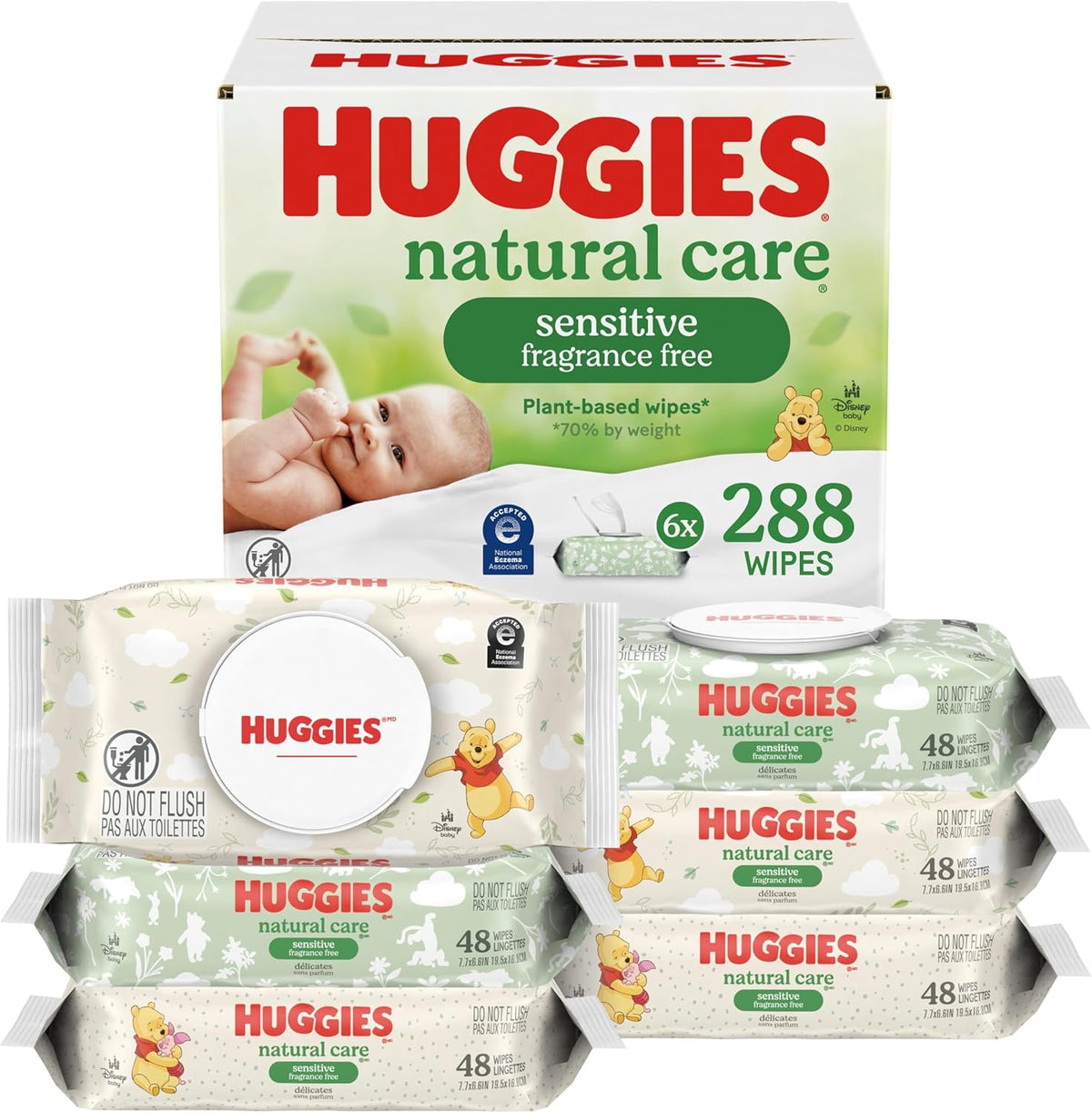 Huggies Natural Care Sensitive Baby Wipes, Unscented, Hypoallergenic, 6 Flip-Top Packs (288 Wipes Total)