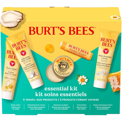 Burt's Bees essentials set with deep cleansing cream, hand salve, body lotion, foot cream, and lip balm - travel size