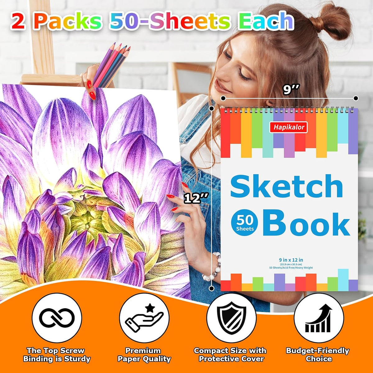 9" x 12" Sketch Book, 2-Pack 50 Sheets Spiral Bound Art Sketchbook, Acid Free Artist Drawing Book Paper, Art Supplies for Adults Kids, Craft Activities, Sketch Paper for Drawing Coloring Sketching