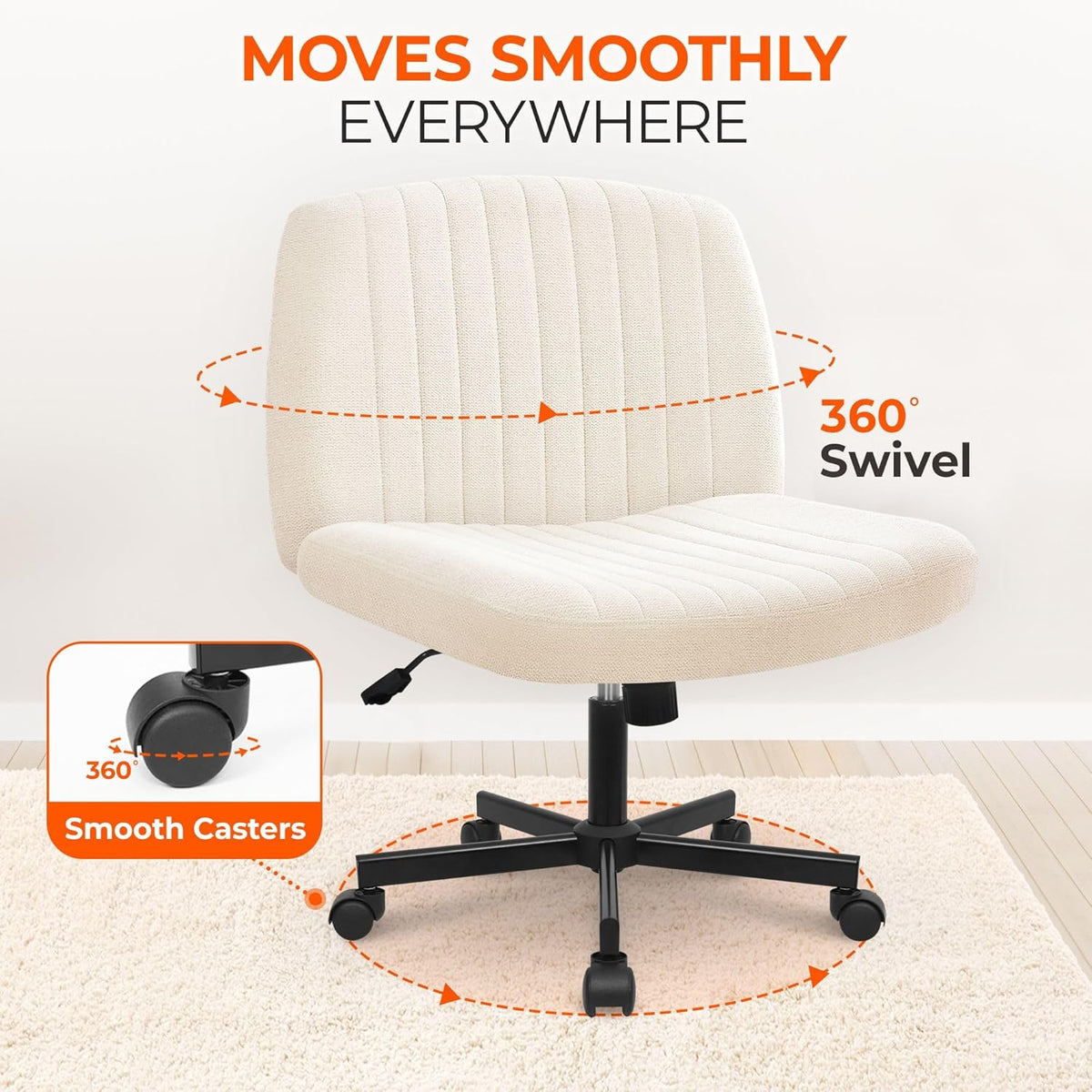 Orange Factory Criss Cross Chair Wheels Wide Cross Legged Office Desk Vanity Chair Comfy Fabric Armless Adjustable Swivel for Home Computer Task (Beige)