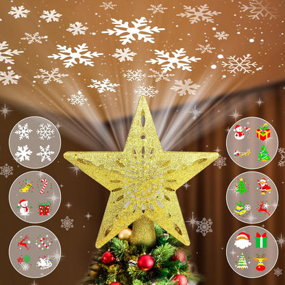 Christmas Tree Topper Projector Lights with 6 Projection Modes, Gold Star Christmas Tree Topper with Built-in LED Projector, Dynamic Projection for Christmas Party Holiday Decoration