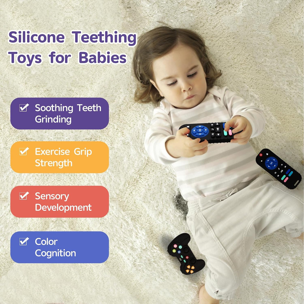 Hooku 2 Pack Silicone Teething Toys for Babies 0-6 Months, Teethers for Babies 6-12 Months, Remote Teether for Baby, Sensory Toys for Babies, Baby Chew Toys KLW8808