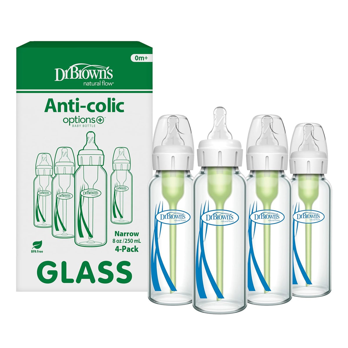 Dr. Brown's Natural Flow Anti-Colic Options+ Narrow Glass Baby Bottle 8 oz/250 mL, with Level 1 Slow Flow Nipple, 4 Pack, 0m+