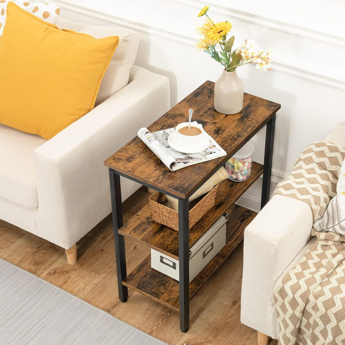 HOOBRO End Table, Simple Rustic Side Table with 3-Tier Storage Shelf, Narrow Nightstand for Small Spaces, for Living Room, Bedroom,Easy Assembly, Industrial Design, Rustic Brown and Black BF14BZ01