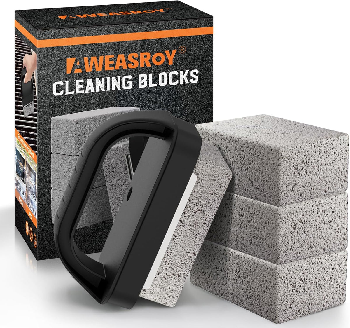 Heavy Duty Grill Cleaner, Grill Cleaning Bricks with Handle, Pumice Griddle Cleaning Stone Removing Stains for BBQ, Swimming Pool, Sink(4 Pack)