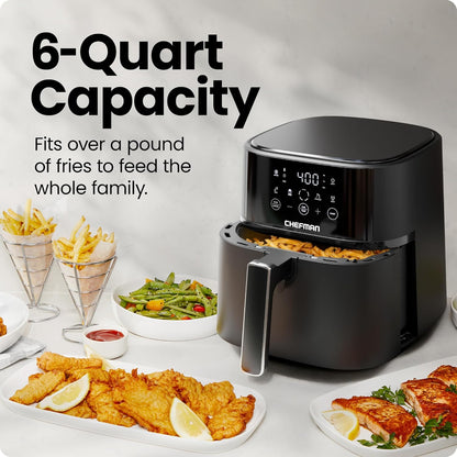 Chefman Air Fryer – 6 QT Compact Airfryer for Quick & Easy Meals in Minutes, Features Hi-Fry Technology for Extra Crisp, Touchscreen Controls with 4 Presets, Nonstick & Dishwasher Safe Basket - Black