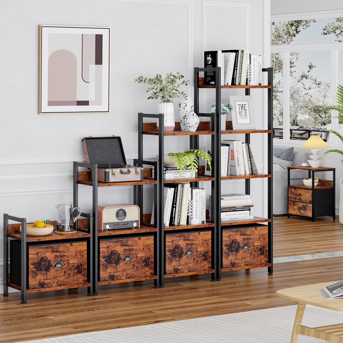 Furologee 5 Tier Bookshelf with Drawer, Tall Narrow Bookcase with Shelves, Wood and Metal Bookshelves Storage Organizer, Industrial Display Standing Shelf Unit for Bedroom, Living Room, Rustic Brown