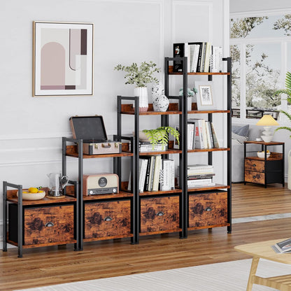 Furologee 5 Tier Bookshelf with Drawer, Tall Narrow Bookcase with Shelves, Wood and Metal Bookshelves Storage Organizer, Industrial Display Standing Shelf Unit for Bedroom, Living Room, Rustic Brown