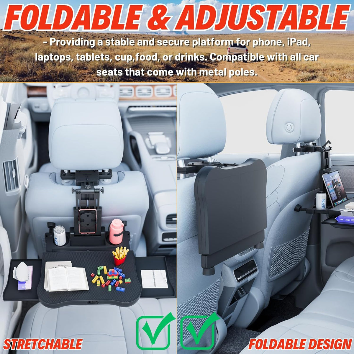 Large Car Desk for Laptop | Steering Wheel Tray Table | Foldable Back Headrest Seat Eating Food Trays with Drinks Cupholder Phone Tablet Holder for Kids | Car Travel Essentials for Long Trips