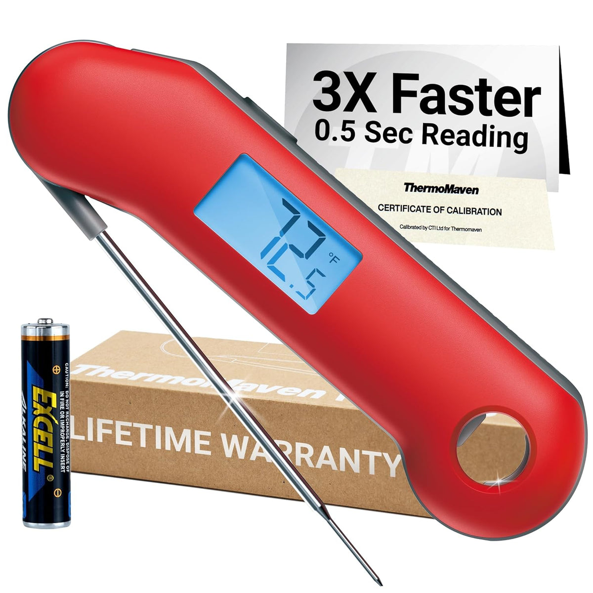 ThermoMaven ProfessionaI Meat Thermometer Digital, 3X Faster 0.5 Sec Instant Read, NIST Certified Accuracy ±0.5°F, 100% Waterproof Probe, Auto-Rotate Bright Indicator, for Candy/Grill/BBQ, Red & Gray