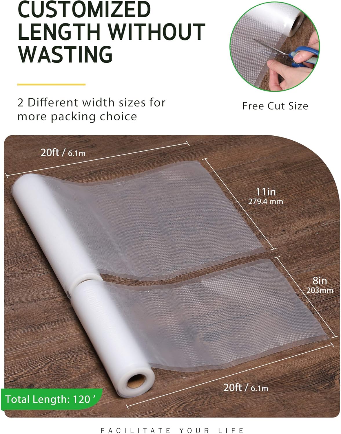 Syntus Vacuum Sealer Bags, 6 Pack 3 Rolls 11" x 20' and 3 Rolls 8" x 20' Commercial Grade BPA Free Bag Rolls, Food Vac Bags for Storage, Meal Prep or Sous Vide