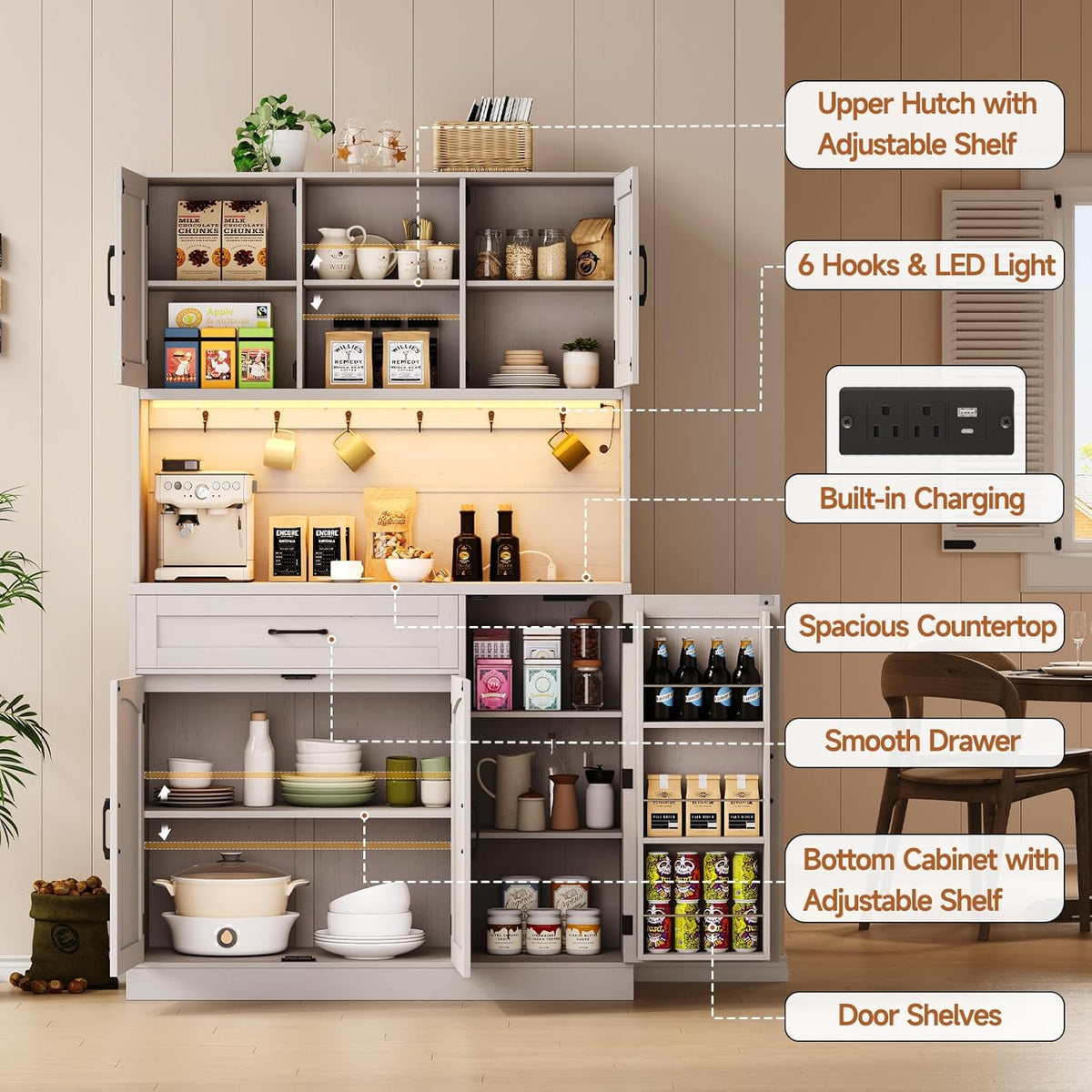ONBRILL 71" Pantry Cabinet, Kitchen Pantry Storage Cabinet with LED Light & Outlet, Kitchen Hutch with Microwave Shelf & 6 Hooks, Door Shelves & Drawer & Adjustable Shelves, for Dining Room