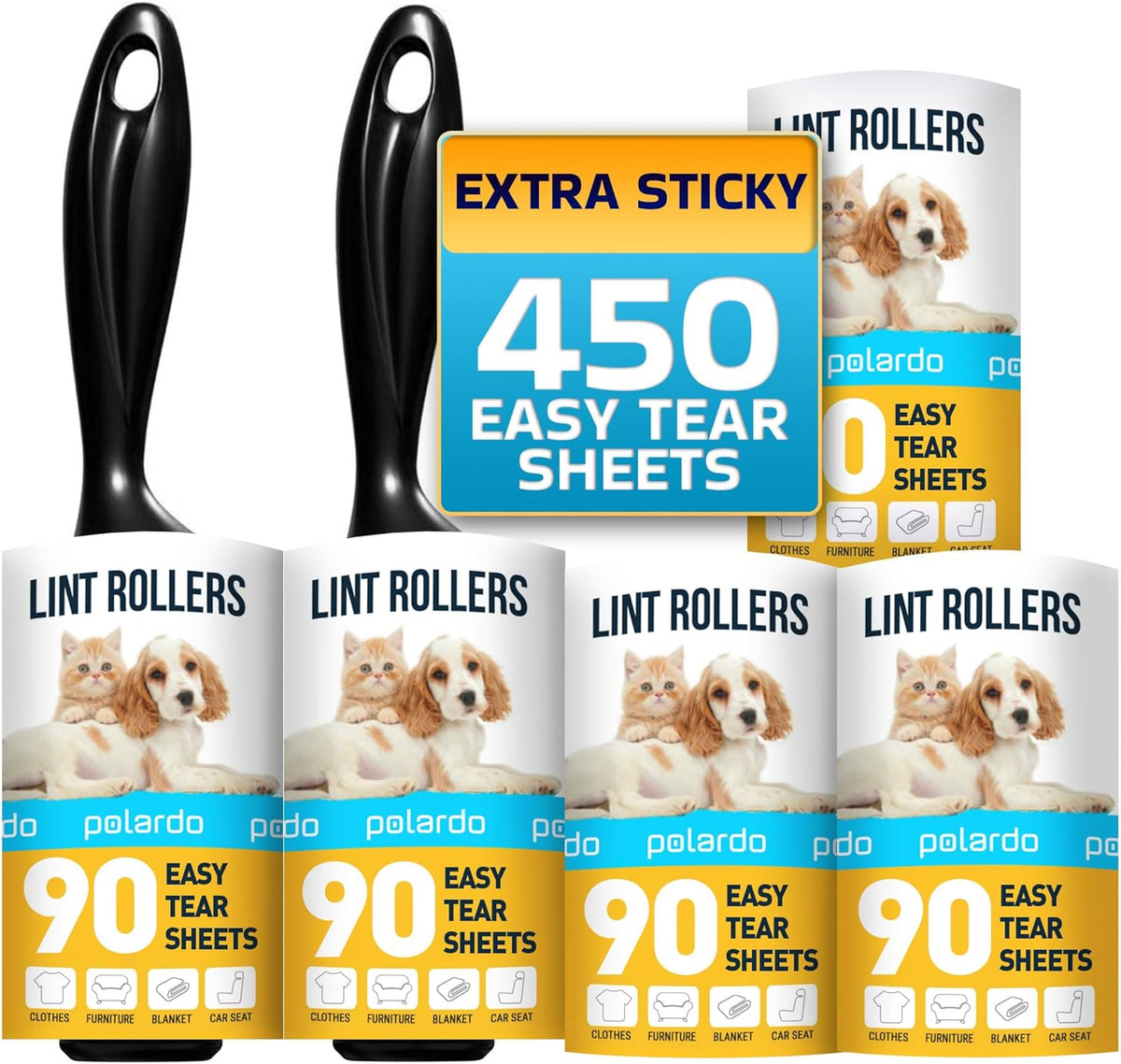 Lint Rollers for Pet Hair, Sticky, Remover for Couch, Clothes Furniture and Carpet. Dog Hair Remover Cat Hair, Animal Fur, Fuzz. 5 Large Lint Rollers