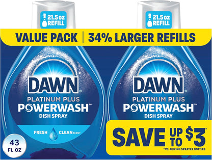 Dawn Powerwash Fresh Dish Spray, Liquid Dish Soap, Dish Soap Refill, Dish Detergent Liquid, 2 Refills, 2x21.5 Fl Oz