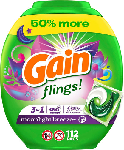 Gain flings Laundry Detergent Soap Pacs HE Compatible 112 ct Long Lasting Scent Moonlight Breeze(Packaging May Vary)