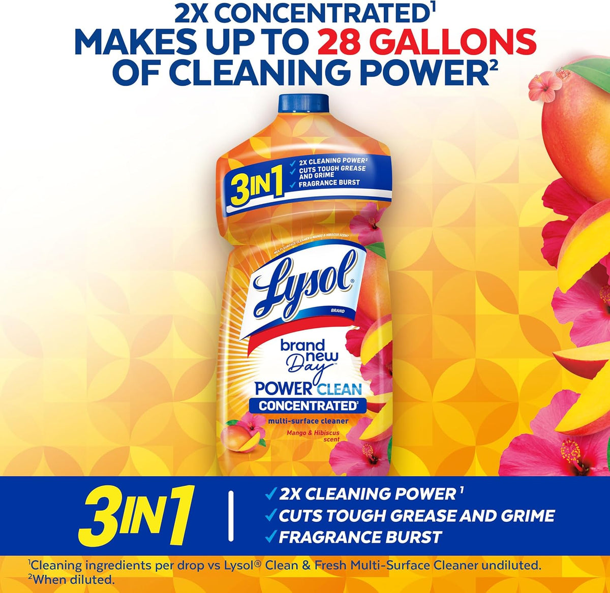 Lysol Power Clean Multi-Surface Cleaner, 2x Concentrated Pour, Mango & Hibiscus, 28 Fl Oz